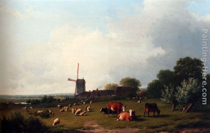 A Panoramic Summer Landscape With Cattle Grazing In A Meadow By A Windmill painting - Eugene Verboeckhoven A Panoramic Summer Landscape With Cattle Grazing In A Meadow By A Windmill art painting